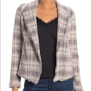 Max Studio | Women's Cream/Black/Pink Plaid Tweed RawHem Open Front Blazer Sz XS